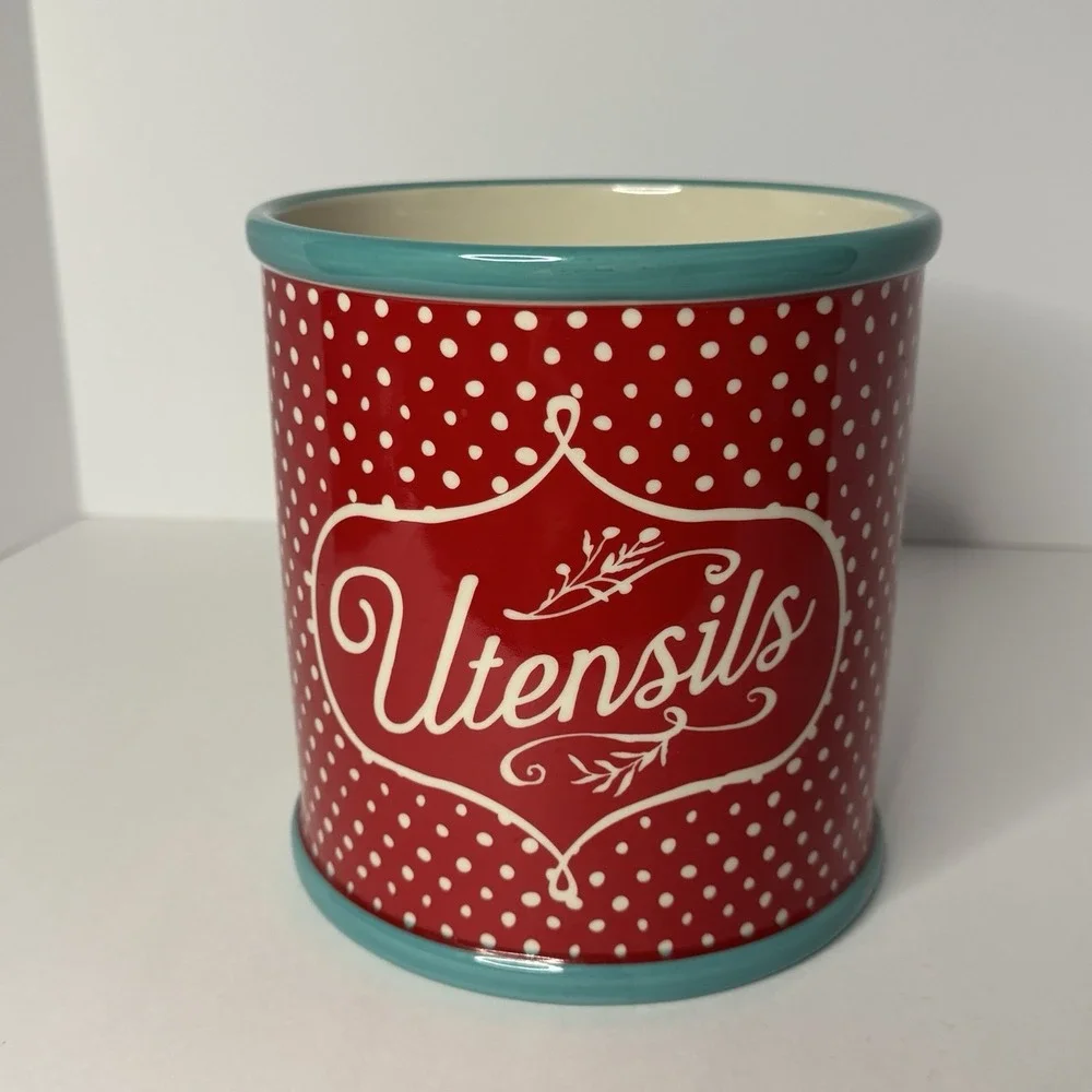 Pioneer Woman Polka Dot Utensil Crock Holder Canister Ceramic Red Teal 7